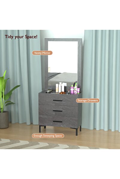 Mahmayi Dresser with Large Vanity Mirror and 3 Storage Drawers - Anthracite Metal Fabric