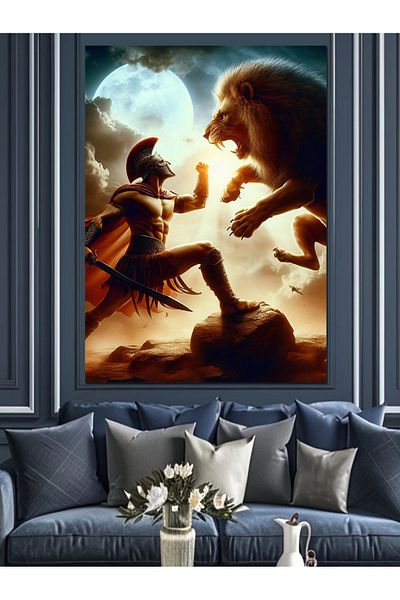 Tablomega Pânză decorativă Gladiator Fighting the Lion - Lemn MDF