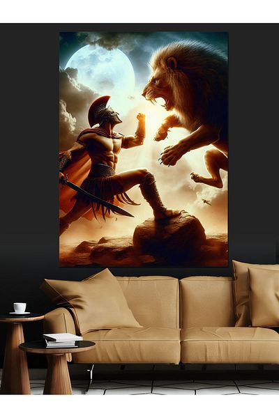 Tablomega Pânză decorativă Gladiator Fighting the Lion - Lemn MDF