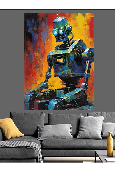 Tablomega Pânză decorativă robot fundal colorat - masă din lemn MDF