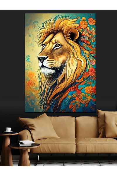 Tablomega Pânză decorativă cu leu colorat înflorit - Lemn MDF