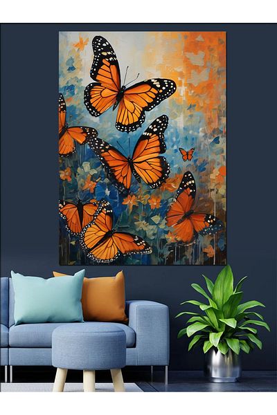 Tablomega Pânză decorativă cu fundal abstract cu fluturi colorați - pictură din lemn MDF
