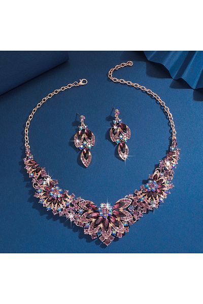 Choice 808344-purple 3pc Women's Wedding Season Fashion Luxury Flower Necklace Earrings Jewelry Set Suitabl