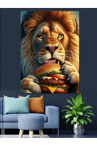 Tablomega Lion drăguț care mănâncă hamburger Pânză decorativă - Lemn MDF