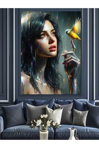 Tablomega Διακοσμητικός καμβάς Yellow Bird And Woman - Ξύλινος πίνακας MDF