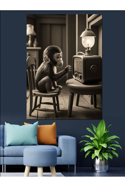Tablo Mega Lambalı Radyo Ve Maymun Dekoratif Kanvas - Mdf Ahşap Tablo