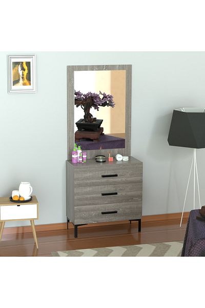 Mahmayi Dresser with Large Vanity Mirror and 3 Storage Drawers - Grey Brown Whiteriver Oak