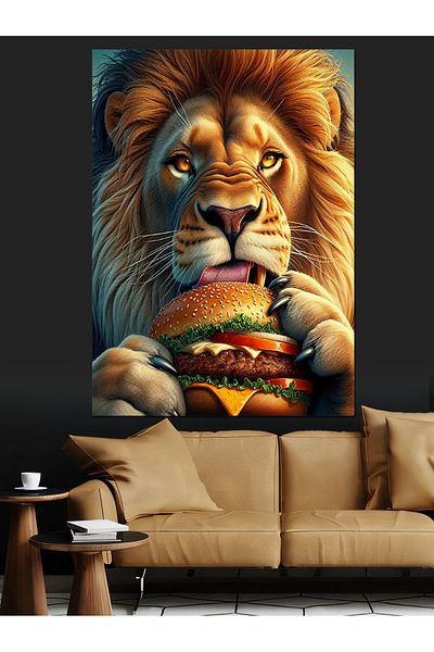 Tablomega Lion drăguț care mănâncă hamburger Pânză decorativă - Lemn MDF