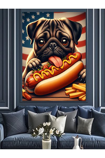Tablomega Câinele care mănâncă hotdog Pânză decorativă - Lemn MDF