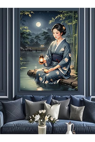 Tablomega Pânză decorativă pentru femei cu lună plină și japoneză - Lemn MDF