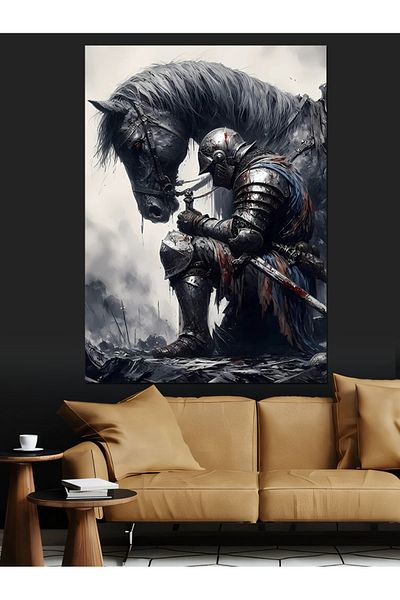 Tablomega Pânză decorativă Black Horse And Knight - Lemn MDF
