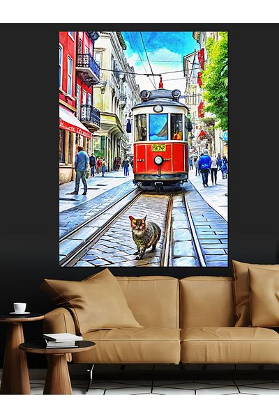 Tablomega Tramvai și pisică pe pânză decorativă Taksim - Lemn MDF