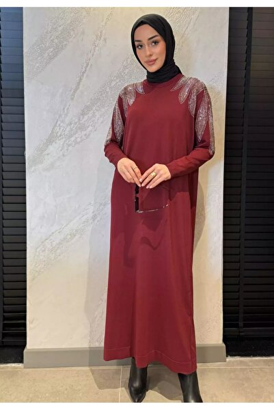 Safgiyim44 Taş Işlemeli Merserize Tessettür Elbise Bordo