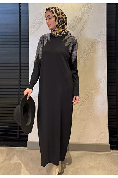 Safgiyim44 Taş Işlemeli Merserize Tessettür Elbise Siyah