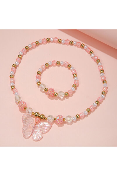 Choice مجموعة مجوهرات QT011-01 مكونة من قطعتين على شكل فراشة وردية اللون مع قلادة وسوار للأميرة للبنات من أجل ابنة الأخت