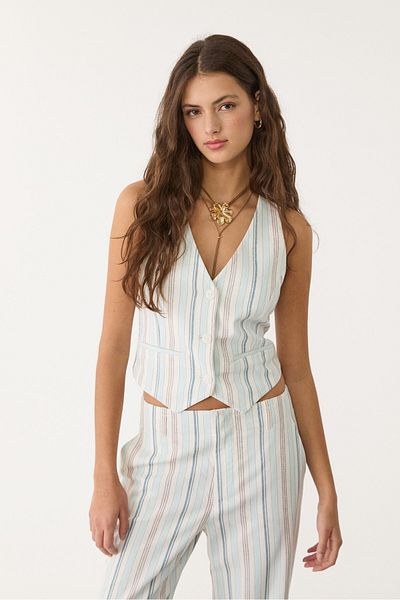 Stradivarius Striped linen blend waistcoat with back vent