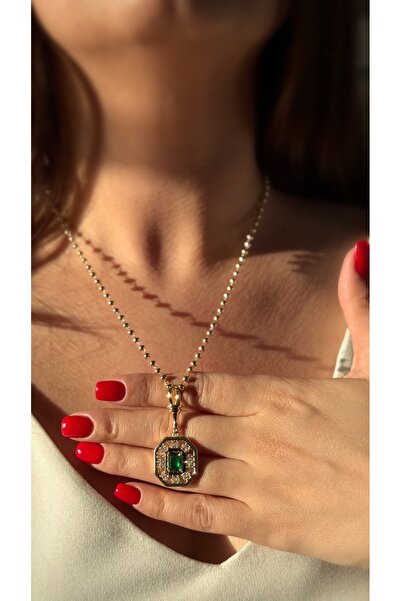 Soles 14 Ayar altın rengi yeşil taşlı Çelik kolye