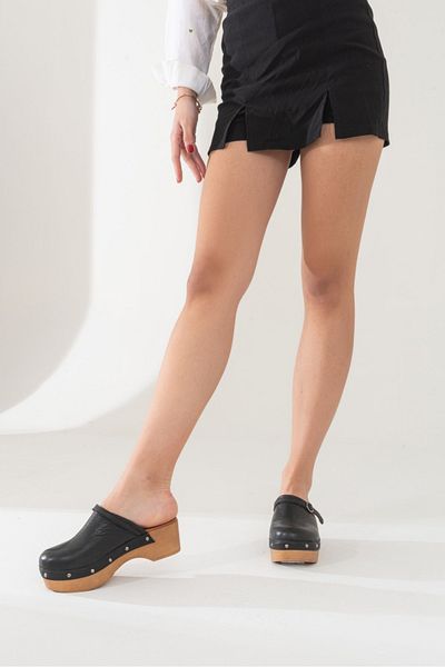 PASSAGE SHOES Women's Genuine Suede Leather Clogs Slippers 6220 Black Skin