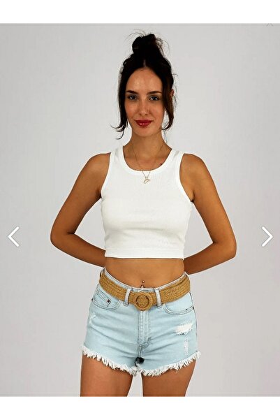 YUDEX Kadın Beyaz Siyah Pamuklu Fitilli Kaşkorse Kumaş Halter Yaka Crop Bluz