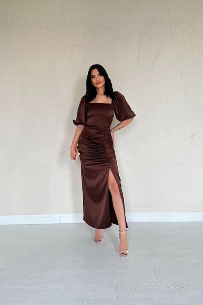 Viyamo Brown Gathered Satin Dress