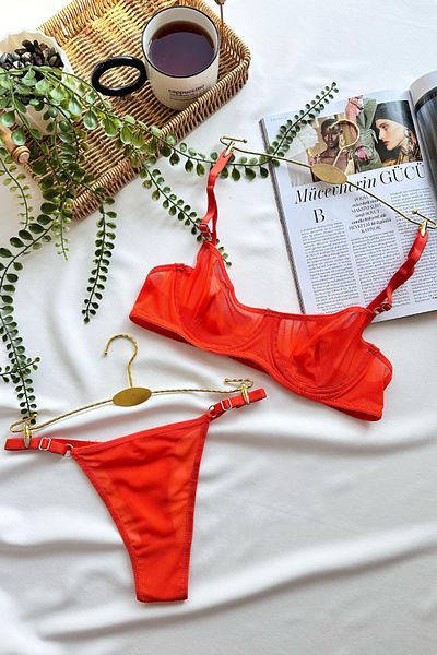 Rubuvi Lora Women's Orange Capless Underwire Tulle Bralet Dowry Underwear Bra Set Lingerie Set