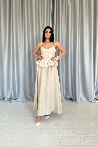 İpeksi Beige Waist Gathered Pearl Strap Long Dress