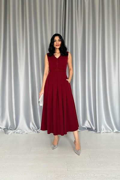 Moda Asmira Burgundy Front Britli Pleated Dress