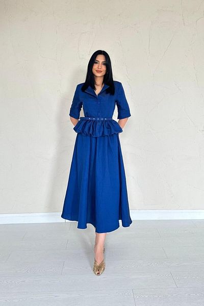 MRA Fashion Navy Blue Thin Belted Ruffle Jacket and Gathered Skirt Set
