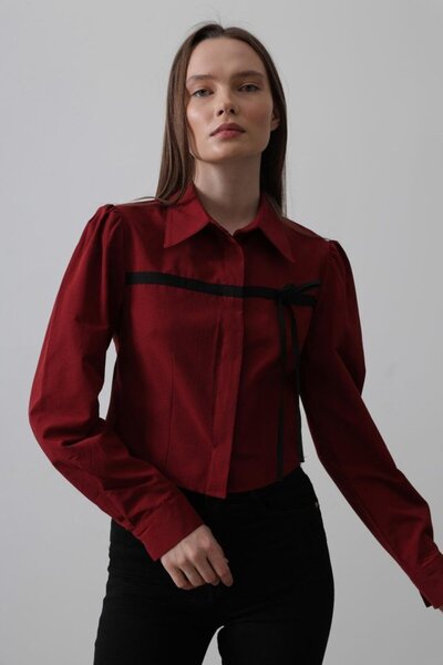 buğrahayalin Contrast Bow Front Shirt - Claret Red