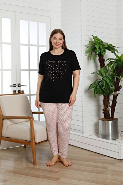 shopshop Women's Black Oversize Large Size Heart Patterned Short Sleeve Thin Summer Pajama Set