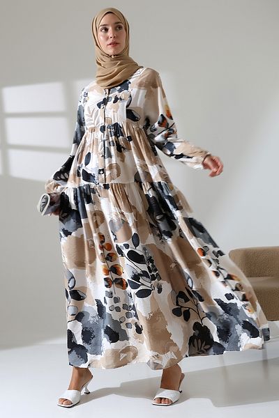Mihran Butik Γυναικείο φόρεμα με μοτίβο με κρέμα Hijab