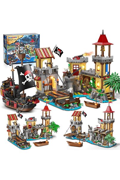 INSOON Işıklı Korsan Kalesi Yapım Oyuncağı, 1502 Parça Korsan Gemisi ve Liman...