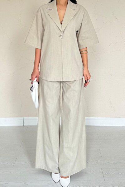 buğrahayalin Μπεζ Σετ παντελόνι με ένα κουμπί μπροστά