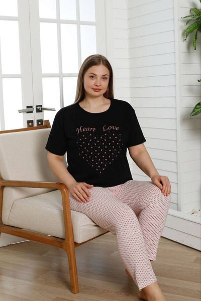 shopshop Women's Black Oversize Large Size Heart Patterned Short Sleeve Thin Summer Pajama Set