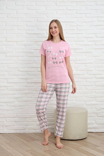 shopshop Women's Pink Plaid Large Size Heart Pattern Short Sleeve Thin Summer Pajama Set
