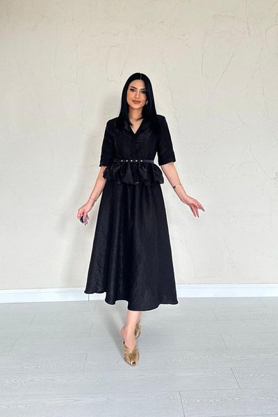 MODAVERA Black Thin Belted Ruffled Jacket and Gathered Skirt Set