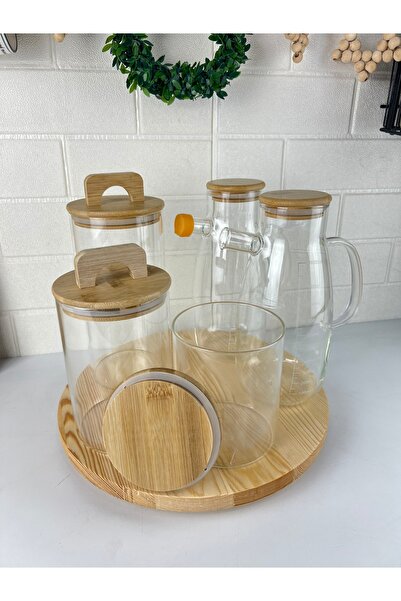 Mirilliahome Döner Standlı Bambu Kapaklı Cam Kavanoz Ve Yağlık Seti - 6 Parça