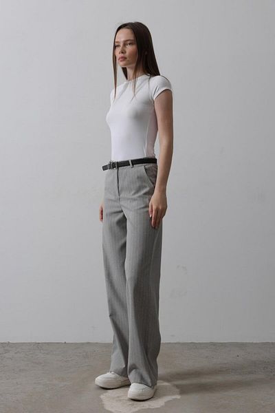 MRA Fashion Belted Palazzo Trousers - Grey-White