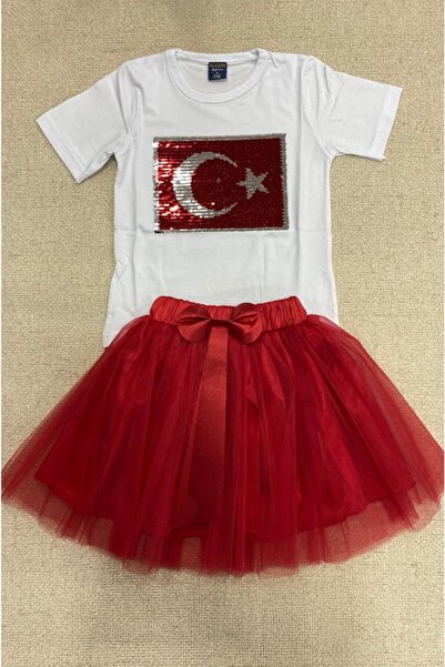 YCN TEKSTİL تنورة بفيونكة بتصميم قوس قزح - تي شيرت دوار مزين بالترتر ونجمة القمر