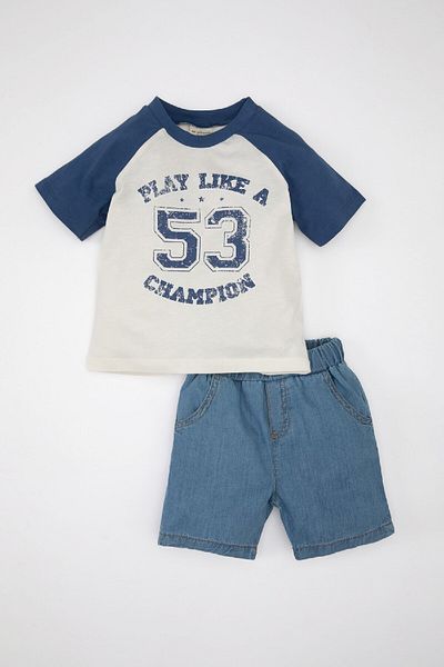 DeFacto Baby Boy 2 Piece Set Printed Short Sleeve T-Shirt Top Jean Shorts C5620A524Sm