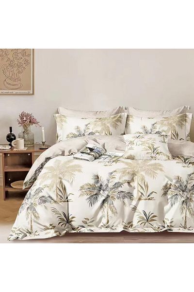 Pucioasa Double percale bed linen 6 pieces 100% cotton, palm trees on cream background