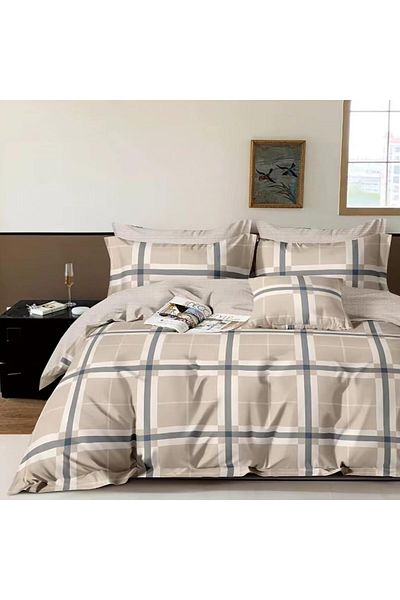Pucioasa Double percale bed linen 6 pieces 100% cotton, beige plaid