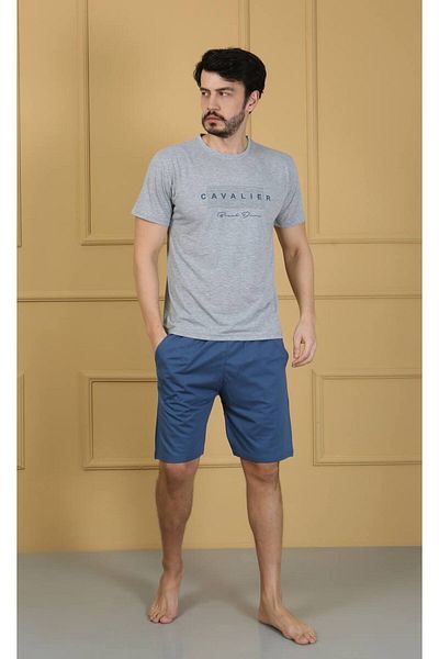 shopshop Copy - Men's Printed Cotton Short Sleeve Shorts Pocket Combed Cotton Summer Pajama Set