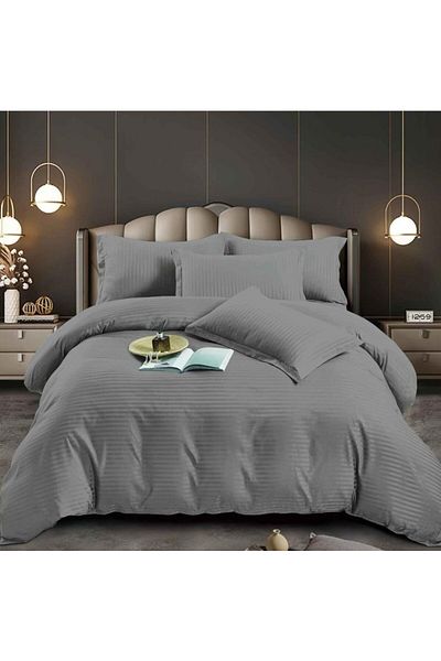 Pucioasa Double bed linen in polycotton damask, elasticated cover, 6 pieces, grey V2