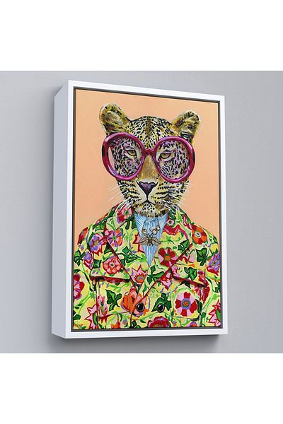 Harita Sepeti Kokoş Leopard cu cadru alb, pictură de leopard socialit cu coroană de flori