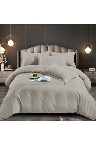 Pucioasa Double bed linen in polycotton damask, elasticated cover, 6 pieces, light grey
