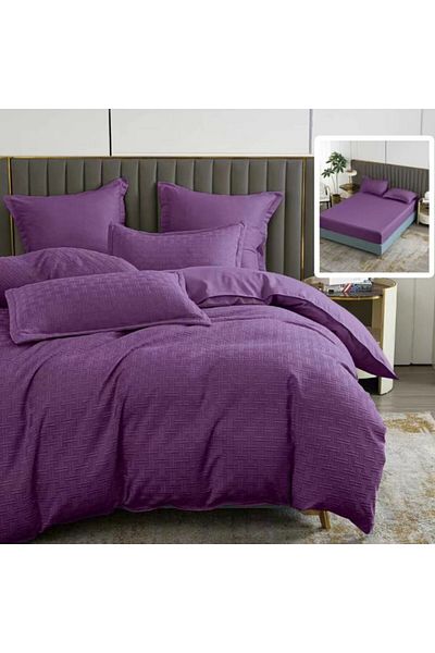 Pucioasa Plain double bed linen with elastic, 6 pieces, polycotton, Purple
