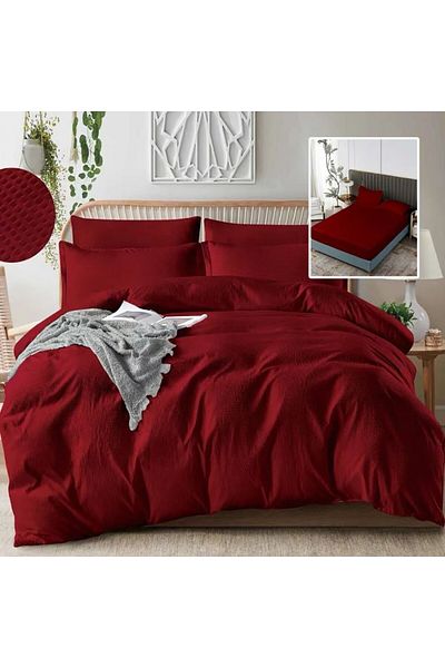 Pucioasa Double crepe bed linen with elastic 6 pieces, polycotton, Red