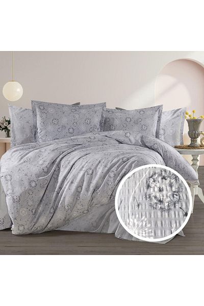 Pucioasa Double crepe bed linen with duvet cover 180x220cm, 100% cotton, grey stylized flowers