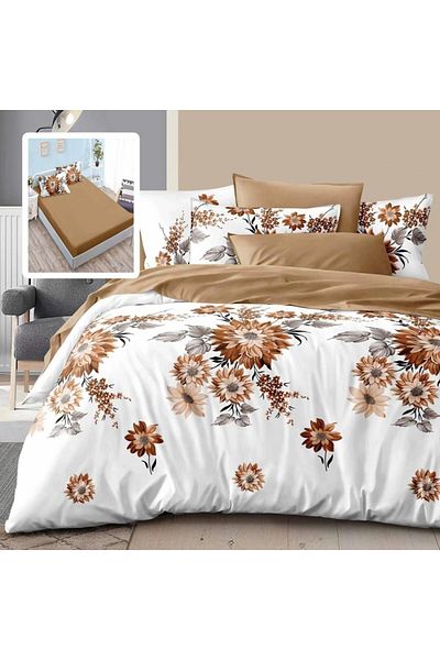 Pucioasa Finet bed linen with elastic, 6 pieces, brown and cream flowers